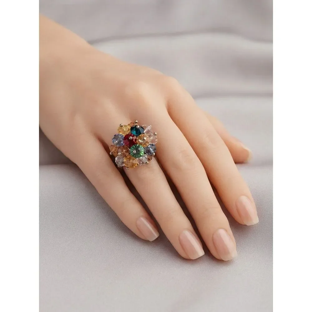 Multicolor Crystal Cluster Statement Ring - Women Jewelry Vintage